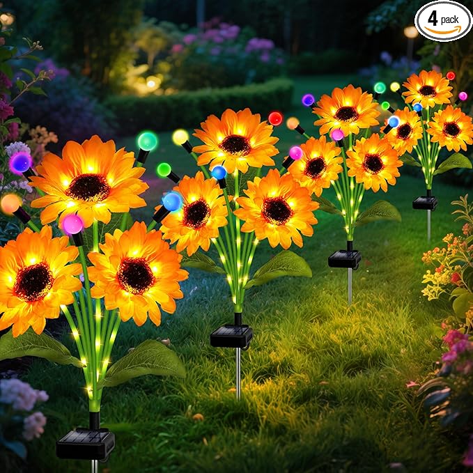 Solar Garden Lights-4 Pack Solar Sunflowers with Multicolor Changing Swaying Firefly Lights,Christmas Birthday Gifts for Mom Women,Waterproof Firefly Sunflower Light for Outdoor Patio Yard Decor