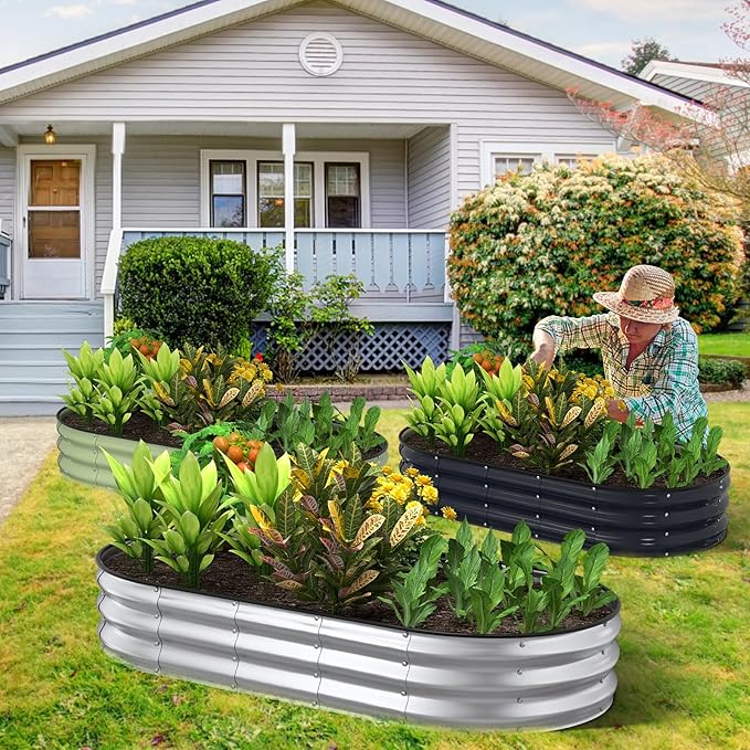 Kesfitt Raised Garden Bed, 4x2x1 FT Galvanized Steel Metal Raised Garden Bed, Oval Open-Bottom Design, 12-Inch Deep for Outdoor Vegetable & Herb Gardening, Silver