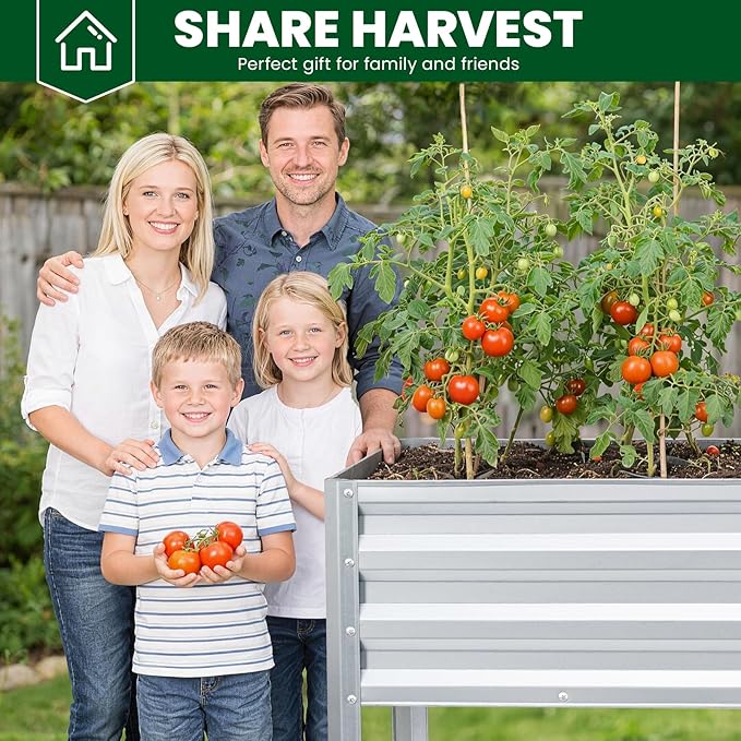 1MORE Elevated Raised Garden Bed with Legs, 48×24×32in Large Metal Raised Bed for Backyard, Patio, Balcony. Raised Planter Box with Drainage Holes for Plants Vegetables Flowers Fruits(Sliver-2pcs)