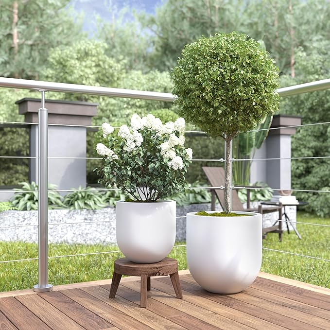 DTY Signature Mount Antero 15.7''D x 15.7''H Modern Indoor Outdoor Fiberstone Bullet Shaped Planter, Durable Round Garden Pot, Weather Resistant, Drainage Hole & Rubber Plug - Medium, White