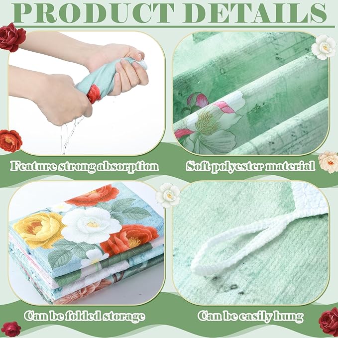 Bencailor 16 Pcs Spring Floral Kitchen Towels Bulk Flower Dish Hand Towels Ultrafine Fiber Absorbent Wildflower Tea Cloths for Kitchen Bathroom Decor, 16 x 24 Inch