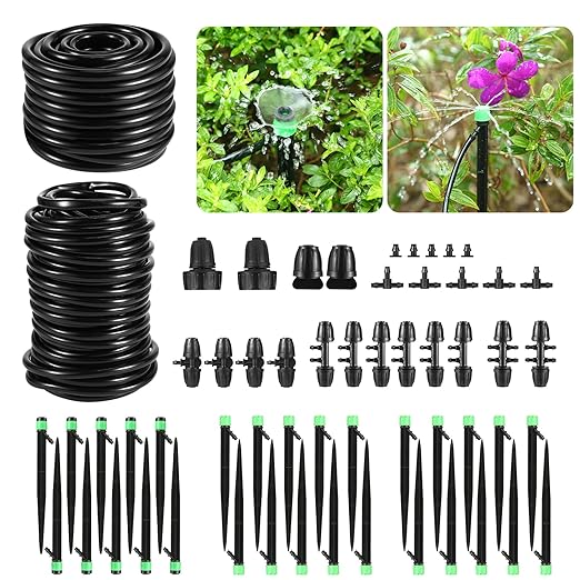 Drip Irrigation Kit for Garden, Raised Beds, Lawn - Adjustable Watering System with Drip Emitters, 5/16" & 1/4" Tubing, Barbed Fittings