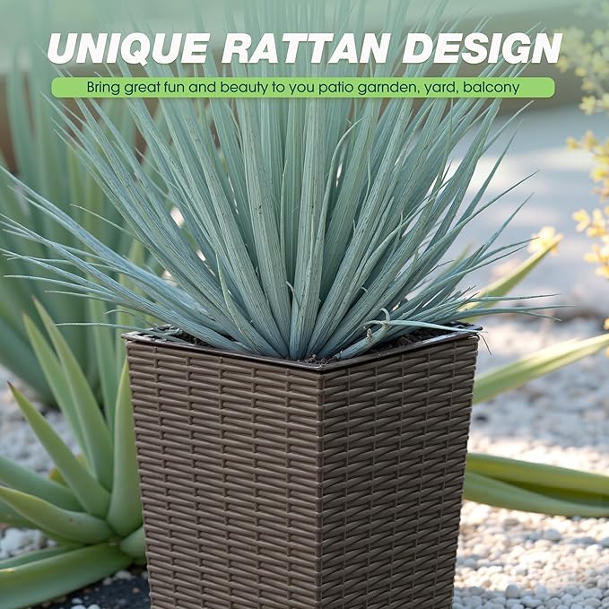 Flamaker Resin Rattan-Design Planters Set of 2, 24'' Tall Flowerpot with Additional Pot for Soil, Durable Weather-Resistant Planter with Drainage Holes for Garden, Patio, Backyard (Brown, Small)