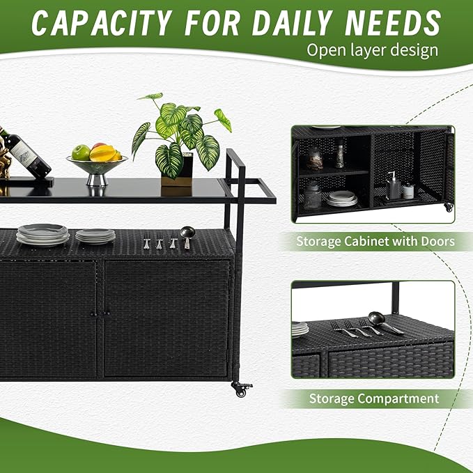 Outdoor Wicker Bar Cart, 51.18" Patio Wine Serving Cart with Tempered Glass Top, Rolling Beverage Table with Wheels & Storage Shelf for Garden, Backyard & Poolside, Black