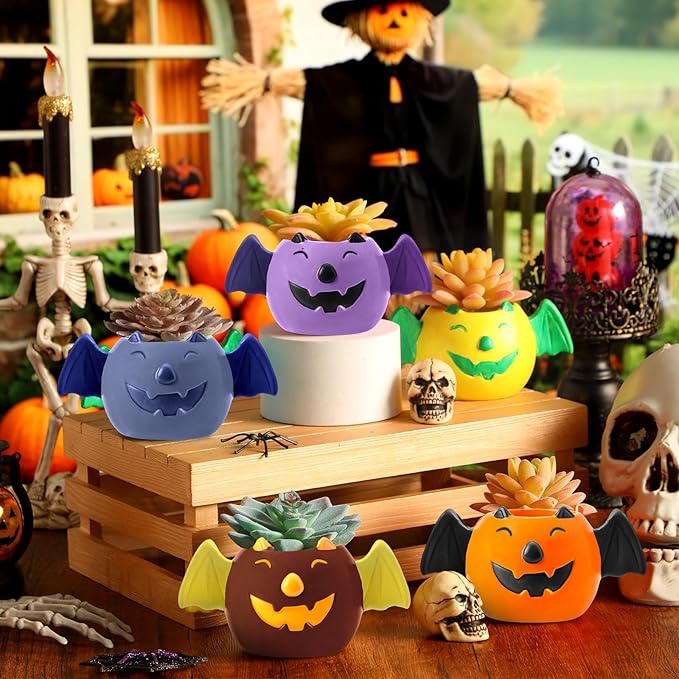 Pasimy 6 Set Ceramics to Paint DIY Ceramic Succulent Planter Pots Paint Your Own Flower Pots Craft Kit Unpainted Bisque Flowerpot with Brush Palette for Family Activity Holiday Gifts(Bat)