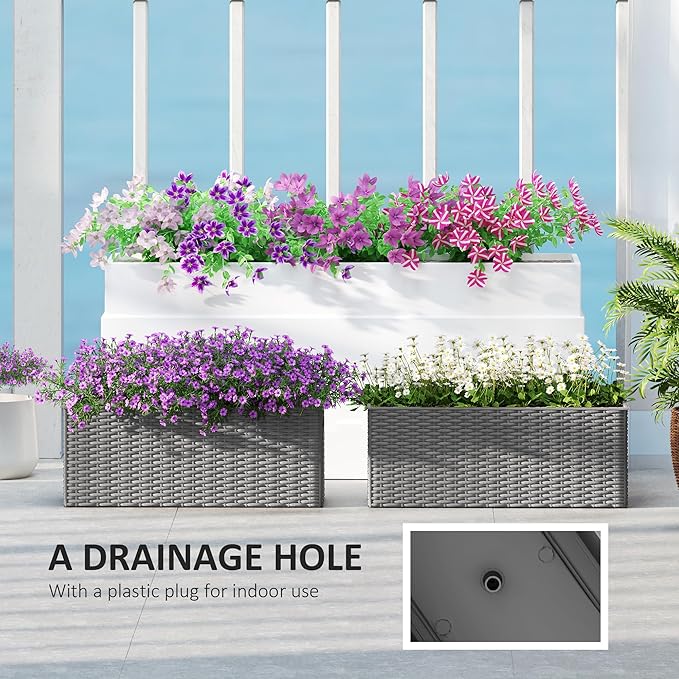 Outsunny Railing Planter Box (2 Pack, 20 Inch), Hanging Flower Pots with Hooks, Drainage Holes for Fence, Balcony, Garden, Patio, Rattan Look, Gray