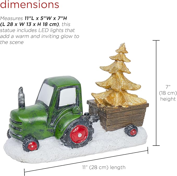 Alpine Corporation 7" Tall Holiday Green Tractor Pulling Gold Tree Statue with Warm White LED Lights, Christmas Decoration for Tabletop, Shelf, Mantel, or Entryway Display