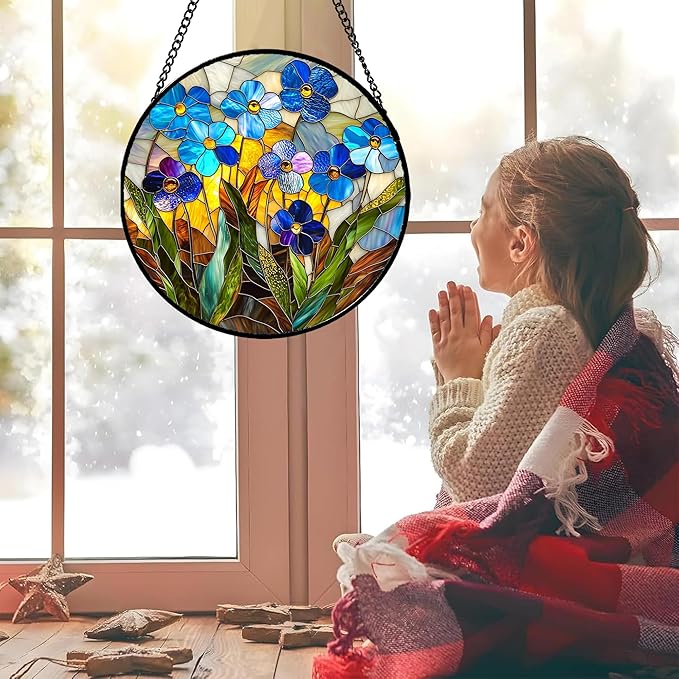 Stained Glass Window Hanging - Blue Wildflower Plant Flowers Sun Catcher for Door Garden Home Decor Suncatcher Christmas Mother's Day Birthday Gifts for Women Men Mom Nana 6.3 in