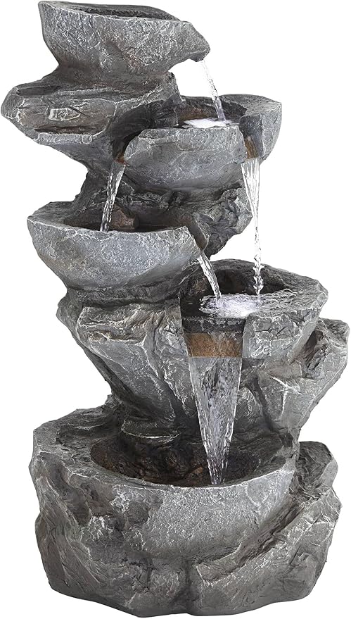 Five Bowl 40 1/2" High Large Zen Modern Indoor Outdoor Decor Gray Resin Floor Fountain with Light LED Standing Waterfall Rock Water Feature for Outside Garden Patio Yard Backyard - John Timberland