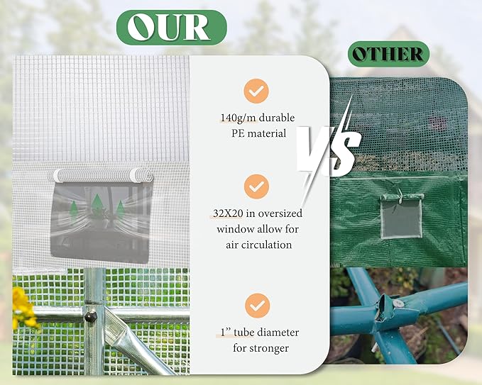 AMERLIFE 44x10x7.5 FT Tunnel Greenhouse for Outdoors, Large Walk-in Greenhouse kit with Reinforced Steel Frame, Swing Door & Premium PE Cover, White