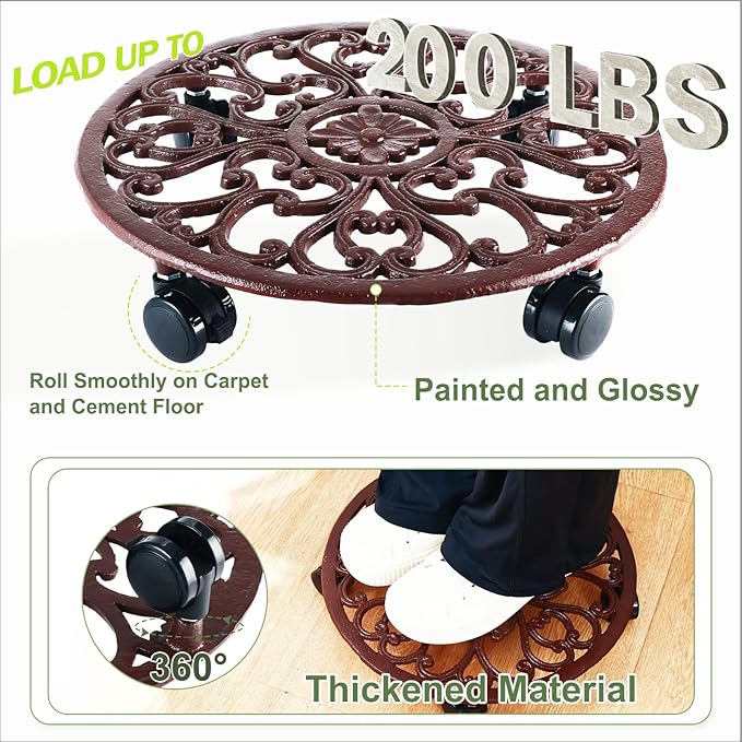 2 Packs 14 Inch Rolling Plant Stand with Wheels Metal Plant Caddy with Wheels Heavy Duty Round Plant Stand Indoor Iron Plants Rollers for Plants, Plant Dolly Brown
