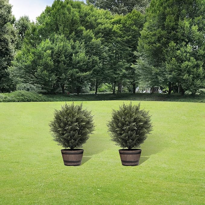 Gonuien 21” Artificial Cedar Outdoor Artificial Shrub Sunlight Resistant Leafy Potted Plant for Indoor Porch of Home and Office Artificial Outdoor Tree 2 Pieces a Set Topiary Trees