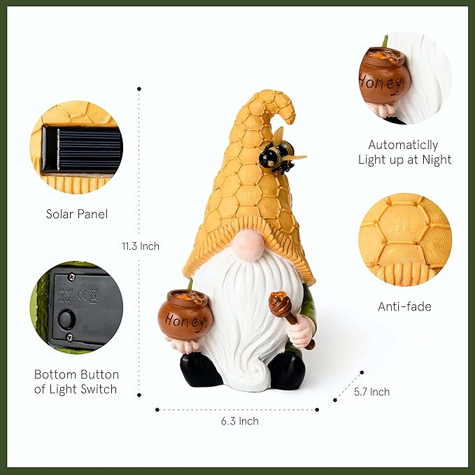 LA Jolie Muse 11.3'' Solar Gnomes Garden Statues-Resin Bee Garden Gnomes Figurine Holding Honey Jar with Solar Lights, Outdoor Gnomes Decorations for Yard Patio Lawn Porch, Garden Gifts for Mom