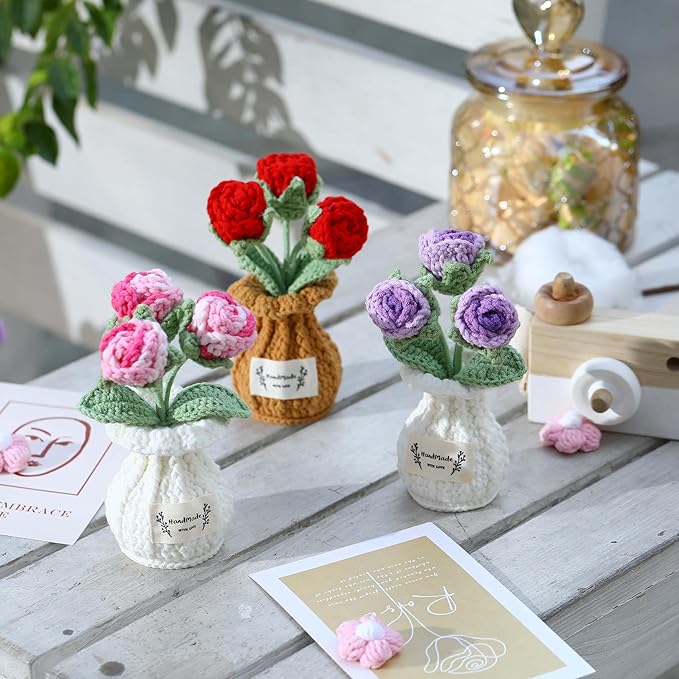 YOOJEE Crochet Rose Flower Potted Plant – Purple, Valentines Day Gift for Her, Handmade Knitted Romantic Desk Decor
