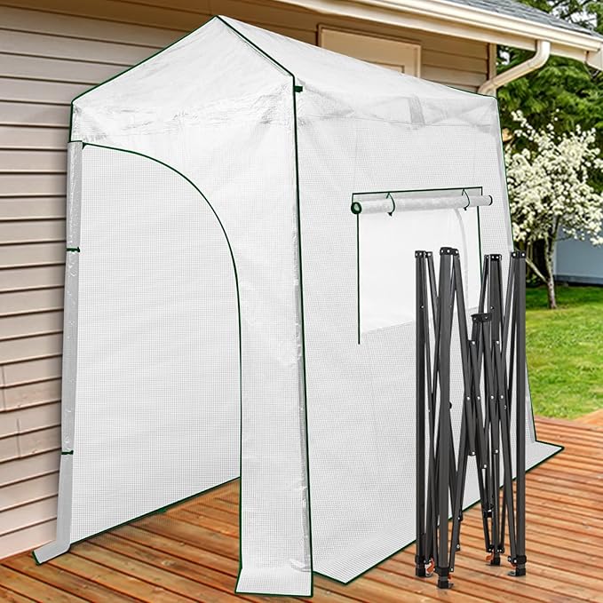 EAGLE PEAK Instant Pop-up Greenhouse, Indoor Outdoor Plant Gardening Green House, Roll-Up Zipper Doors and Side Windows, Lean-to 9x4 ft, PE Cover, White/Clear