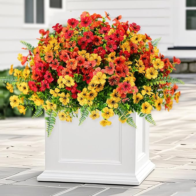 Pinenoya Artificial Faux Plants Flowers Outdoor Decoration,18 Bundles Fake Silk Colorful Daisy Eucalyptus Realistic UV Resistant for Outside Home Planter Porch Patio Yard Decor (Yellow Red)