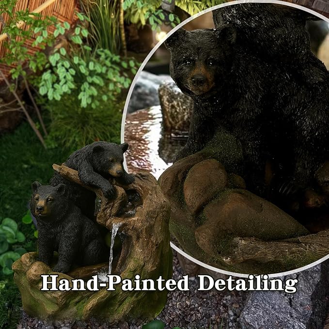 22'' Outdoor Bear Fountain with LED Lights – Wildlife Water Feature for Garden, Patio, Yard, or Porch – Durable Polyresin Animal Waterfall Decor – Rustic Brown & Black Finish