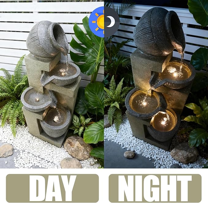 Outdoor Water Fountain with Lights, 20.08” Tall Resin Tiered Waterfall Fountain, Garden Decor for Patio, Yard, Deck & Indoor Relaxation(Gray)