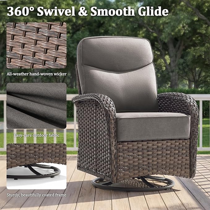 Outdoor Swivel Rocking Chair Patio Set (5-Piece), High-Back - Thick Cushion Swivel Rocking Chair Patio Set, All-Weather Wicker Patio Furniture Set, Suitable for Balcony Patios, Brown/Gery