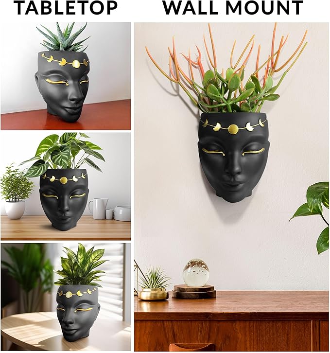 Head Planter - Indoor & Outdoor Home Decor Gifts for Plant Lovers - for Flat Surface or Wall Mount - Unique Face Planter for Flowers, Succulents, & More (7 inch, Luna Design, Black)