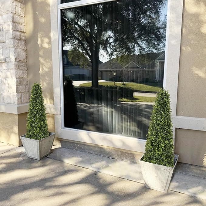 Azoco 4ft Artificial Boxwood Topiary Trees (Set of 2) - UV Resistant Faux Plants Outdoor, Realistic 48in Fake Potted Bushes and Shrubs for Front Porch, Planter, Patio - Low Maintenance & Evergreen