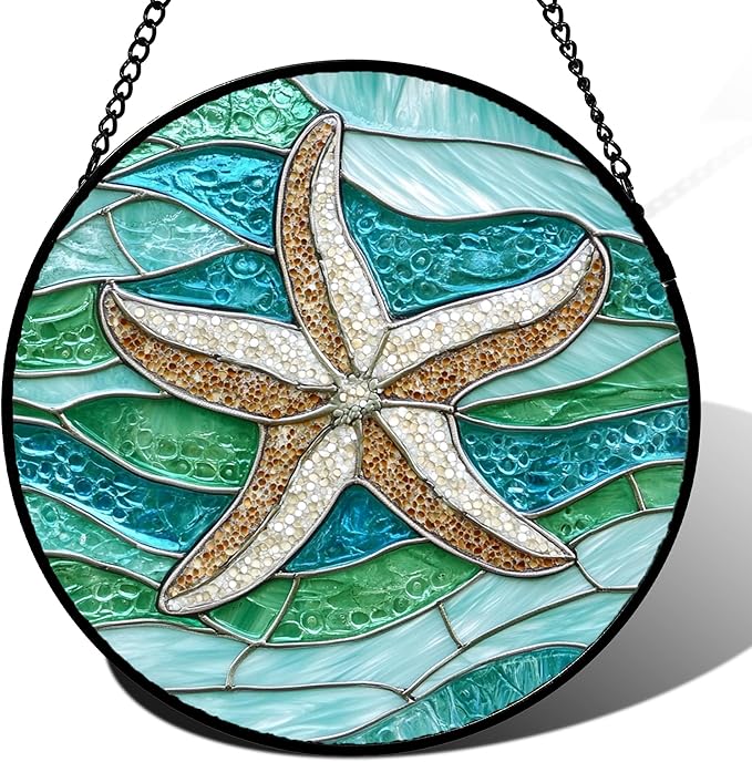 DASTOLL Stained Glass Window Hanging Teal Sea Waves Starfish 6.3" - Suncatcher Door Garden Sun Catcher Home Decor Birthday Mother's Day for Mom Men Woman Parents Her Child Nana