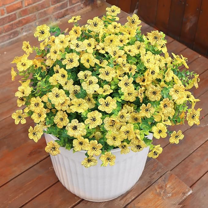BCBLF Faux Flowers for Outdoor Planters, Artificial Flowers for Outdoors, 12 Bundles Outdoor Flowers Uv Resistant, Artificial Flowers for Decoration, Yellow, Silk Faux Spring Flowers for Outside