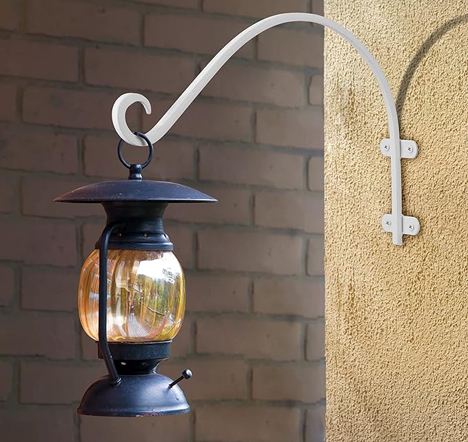 Monarch Abode Hanging Basket Hooks, Heavy Duty Metal Plant Hangers Outdoor or Indoor for Flower Basket, Wall Fence Hooks for Bird Feeder Bracket, Set of 2, 14-inch White Plant Wall Hanger