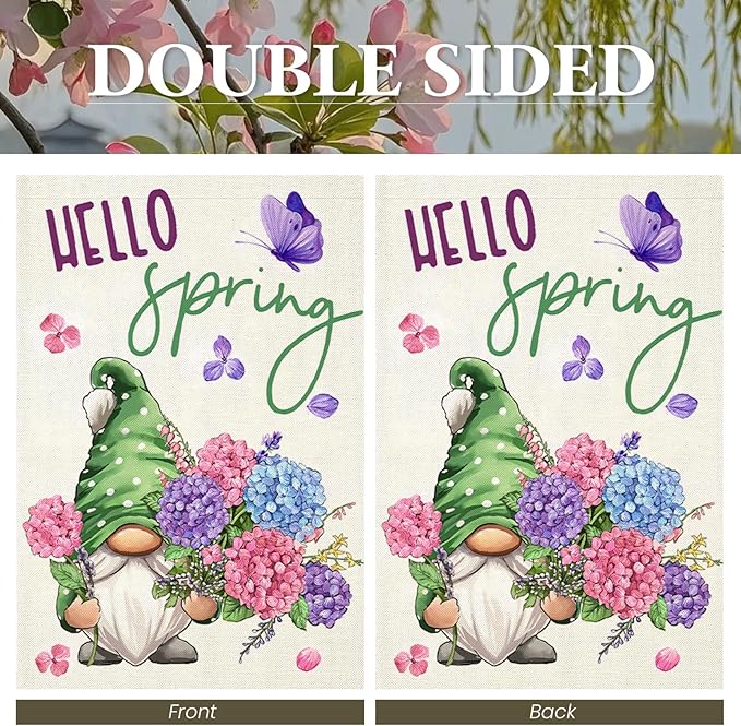 Hello Spring Garden Flag for Outside 12x18 Double Sided,Gnome with Hydrangeas Flowers Small Yard Flag, Summer Seasonal Decors for Outdoor Anniversary Wedding Farmhouse Holiday