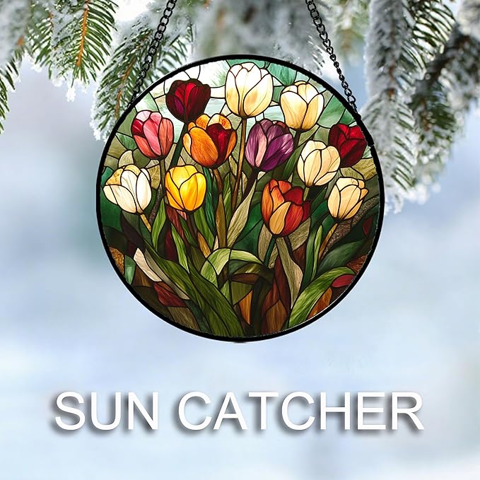 Stained Glass Window Hanging Colorful Tulip 9.8" - Flower Suncatcher Door Garden Sun Catcher Home Plant Decor Birthday Mother's Day for Mom Woman Friend Nana Colleague