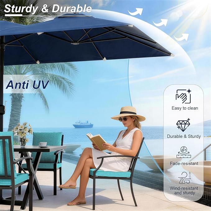 10-Pieces Patio Conversation Set,Metal Outdoor Furniture Set Includes 13.6FT Navy Umbrella,Hole Cut-Out 78.7" x 35.4" Table and 8 Metal Backrest Chairs for Backyard,Garden,Blue