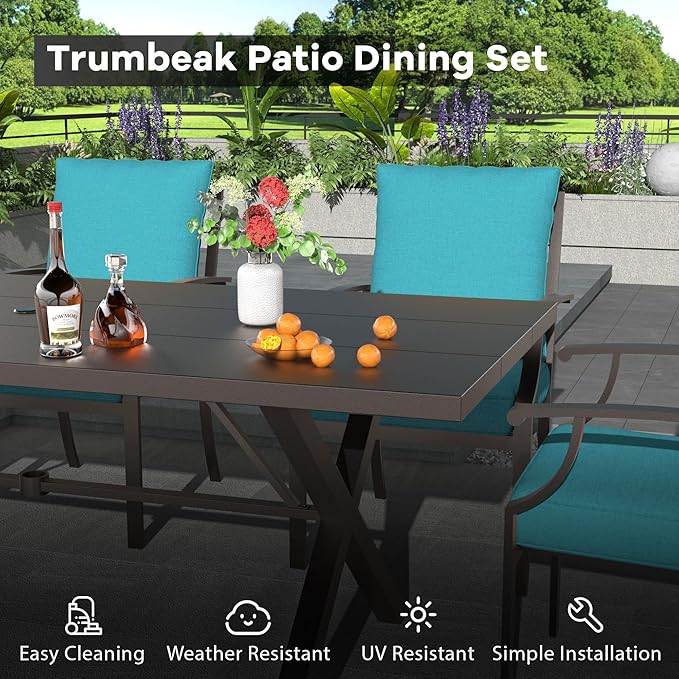 9-Piece Patio Dining Set Outdoor Conversation Set,Metal Outdoor Furniture Set with Umbrella Hole Cut-Out 78.7" x 35.4" Table and 8 Metal Backrest Chairs for Backyard,Garden,Blue