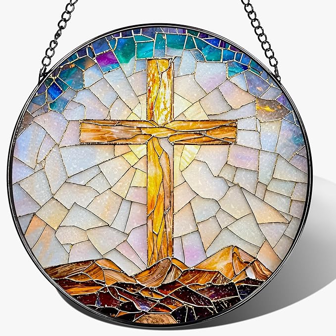 8-Inch Catholic Cross Stained Glass Suncatcher, Stained Glass Window Hanging, Religious Ornament, Christian Home Decor, Sun Catcher Window Decor — Gift for Christmas, Christian Gifts, Religious Gifts