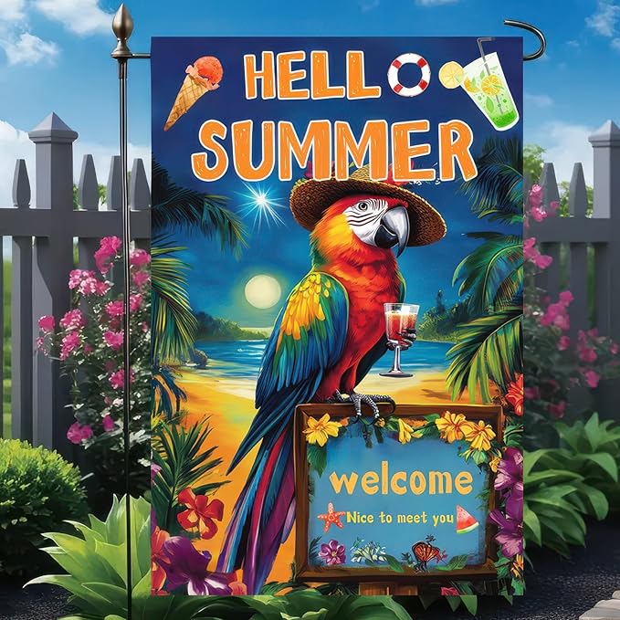 Hello Summer Garden Flag 12x18 inch Double Sided Tropical Parrot Flags Beach Welcome Themed Banner Colorful Summer Outdoor Decor for Yard Patio Garden Holiday Decoration