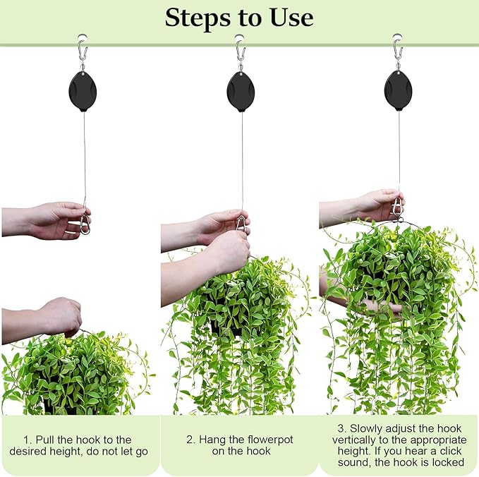 3 Pcs Upgraded Heavy Duty Retractable Plant Hanger,Plant Pulleys for Hanging Plants,Easy to Raise and Lower,Auto Lock,Adjustable Hook for Garden Baskets Pots,Birds Feeder and Grow Lights,Black