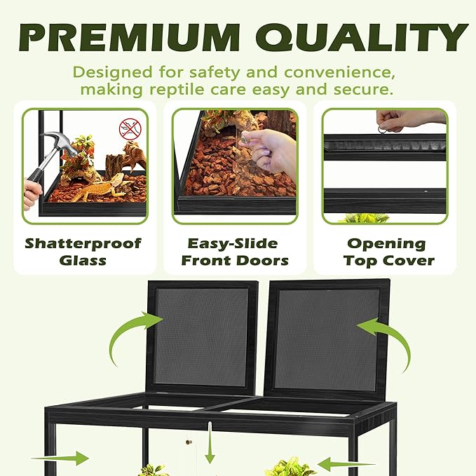 Prolee Tempered Glass Bearded Dragon Tank,Reptile Encloure and Snake Tank with Metal Mesh Roof Door,Locking Design Reptile Tank for Lizard,Gecko,Chameleon (Black, 32 Gallon (32x16x16 Inch))