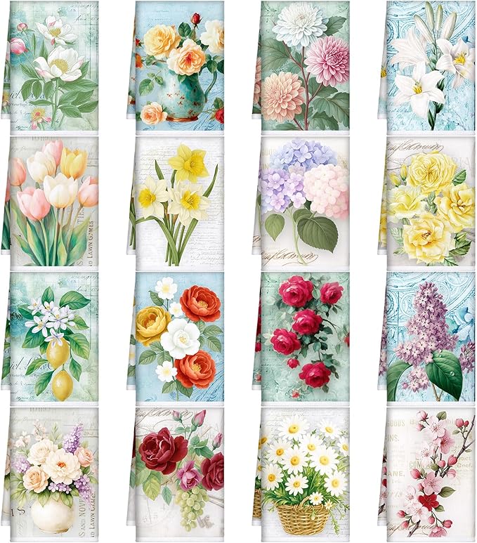 Bencailor 16 Pcs Spring Floral Kitchen Towels Bulk Flower Dish Hand Towels Ultrafine Fiber Absorbent Wildflower Tea Cloths for Kitchen Bathroom Decor, 16 x 24 Inch