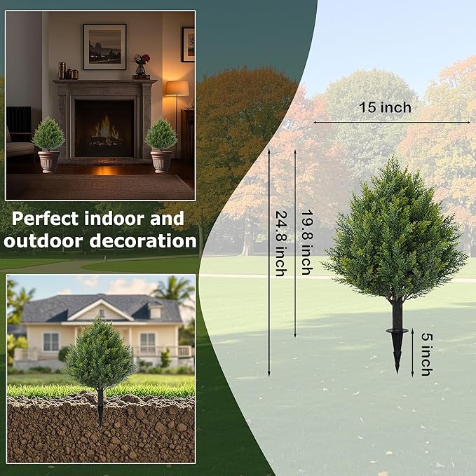 24.8" Artificial Cedar Topiary Ball Trees with Ground Spike, Set of 2 Faux Cypress Plants UV Resistant Artificial Pine Shrubs Fake Bushes for Outdoor Indoor Front Porch Garden
