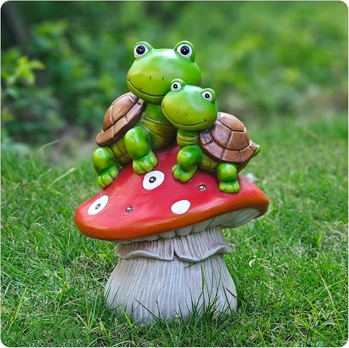Solar Garden Turtle Figurines Outdoor Ornaments - Orange Mushroom with Sweet Frog Face Cute Turtles Decor, Resin Decorations Unique Garden Art Resin Statue Gifts for Patio Lawn Porch Yard