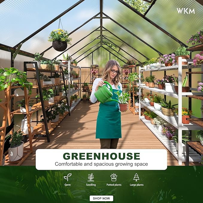 WKM Greenhouse for Outdoors 8x14 FT, Walk-in Polycarbonate Greenhouse with Roof Vent and Quick Setup Structure, Heavy Duty Aluminum Green House for Outsides Backyard Garden, Black