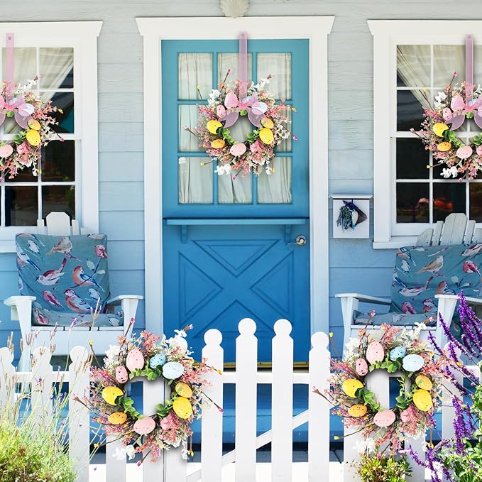8 Pcs Easter Egg Candle Rings Wreaths Mini Artificial Spring Easter Egg Berry Wreath for Front Door Hanging Kitchen Cabinet Wreath with Ribbon for Porch Wall Window Farmhouse Decor