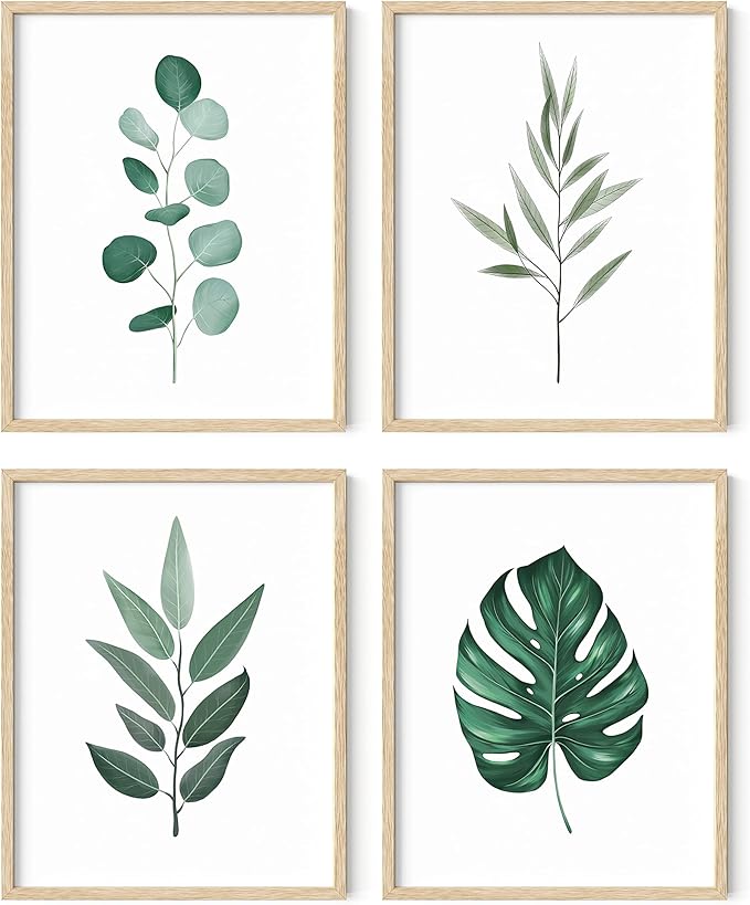 HAUS AND HUES Plant Wall Art - Botanical Prints, Green Wall Art Collection Set, Leaves Paintings Minimalist Sage Green Wall Decor (Beige Frame, 11x14)