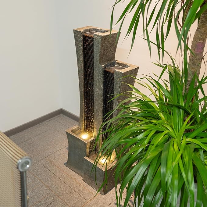 YZM 39.76" H Modern Outdoor Water Fountain with LED Lights Floor-Standing Cascading Waterfall with Dual Curved Columns for Garden Patio Deck Porch or Indoor Decor