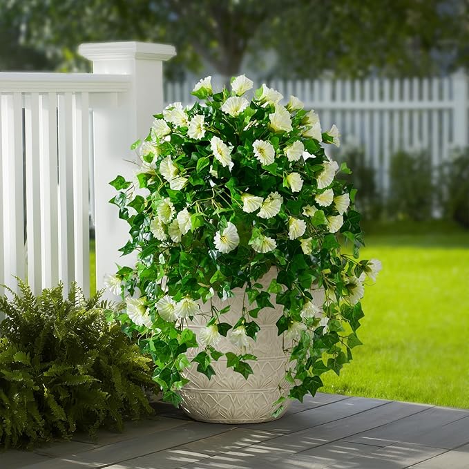 Morning Glory Artificial Hanging Flowers for Outdoors 3 Pcs Fake Petunias Flower Faux Silk Long Trailing Vines Realistic Flower for Front Door Porch Patio Balcony Garden Yard Decor (3 Pcs Beige)