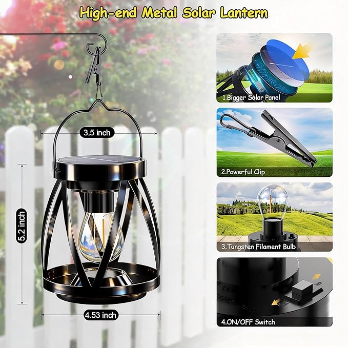 GARPAR Solar Lights Outdoor Waterproof, Upgraded Metal Outdoor Lantern, Brighter Auto On/Off 18H Hanging Solar Lights for Outside Garden Yard Patio Decor, Mother's Day Gift for Mom Grandma 2 Pack