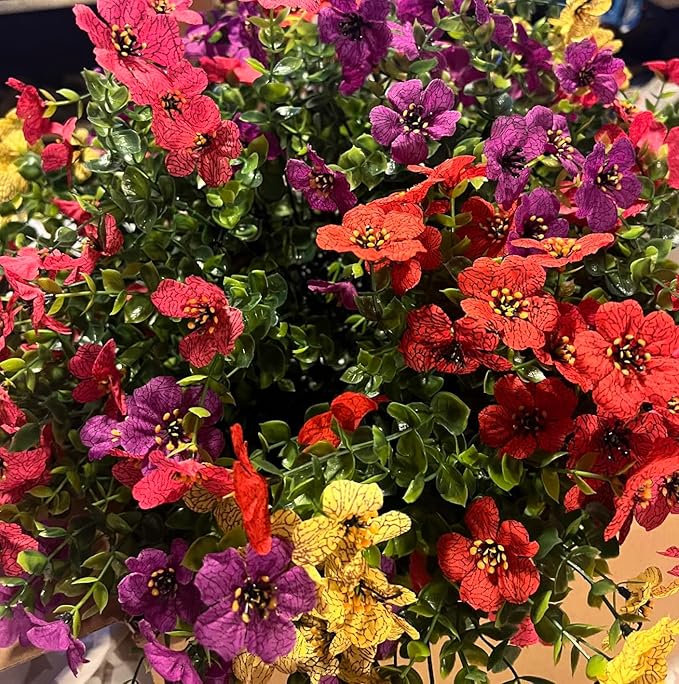 Lamsze Artificial Faux Hanging Plants Flowers Basket for Summer Autumn, Colorful Daisy Flowers Eucalyptus UV Resistant Look Real for Outdoor Outside Porch Decoration