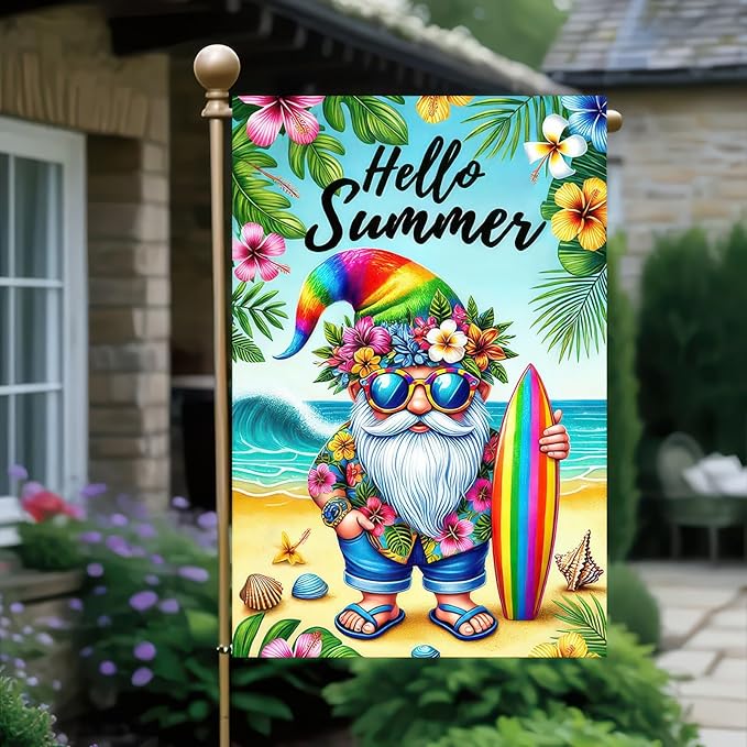 Hello Summer Garden Flag Beach Gnome Flag 12x18 Inch Double Sided Welcome Summer Holiday Yard Flag Outside Decoration Farmhouse Outdoor Small Decor