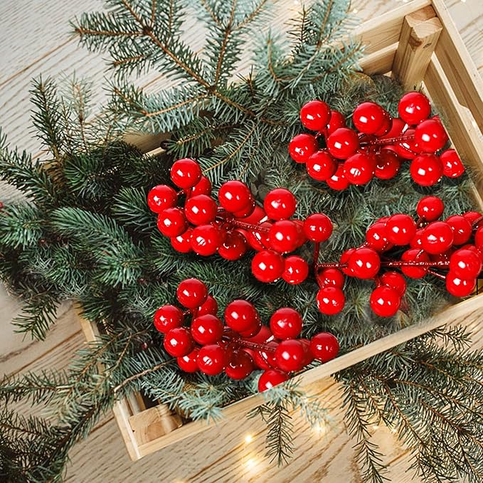 DR.DUDU 48 Pack Red Berry Stems, 8 Inch Artificial Berries Decor for Christmas Tree Picks and Filler, DIY Wreath Garland Christmas Ornaments