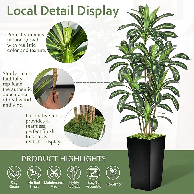 Realistic Artificial Indoor Plant Tree - Tall Fake Dracaena Potted Plant for Home Office Decor, Living Room & Bedroom - Lifelike Faux Plant Tree with Pot-Palm Tree (Black, 5FT)