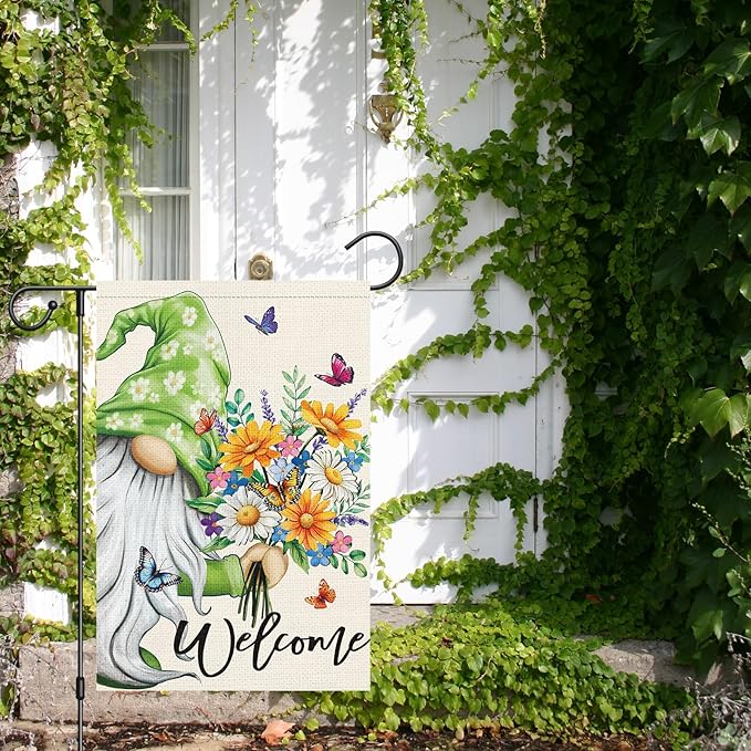 Louise Maelys Spring Welcome Garden Flag Gnome Floral Double Sided 12x18 Inch Flower Small Burlap Seasonal Holiday Yard Outdoor Flag Outside Home Decoration (Only Flag)